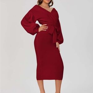SHEIN Burgundy Long Sleeve Wrap Dress